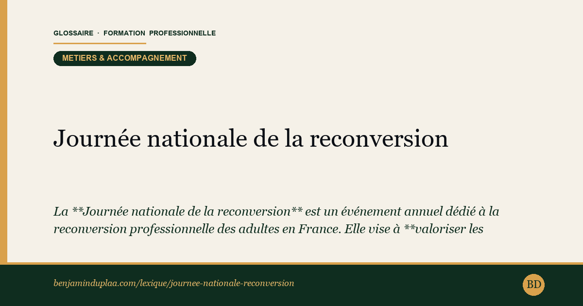 Carte du lexique : Journée nationale de la reconversion — Métiers & accompagnement, définition sourcée de la formation professionnelle.