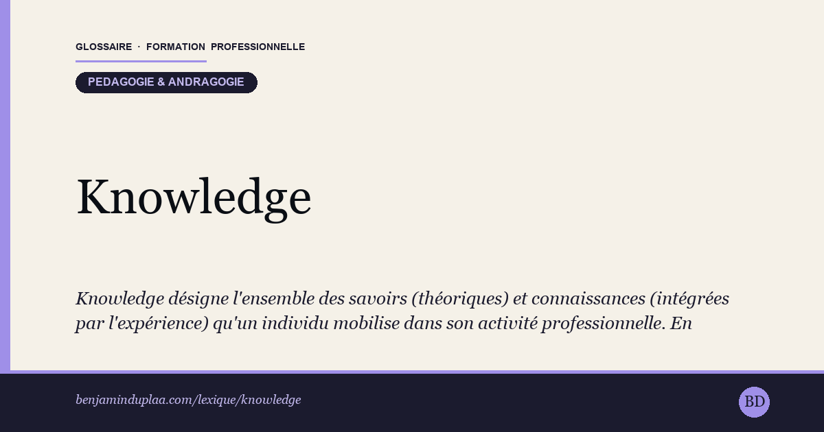 Carte du glossaire « Knowledge — Savoir et connaissance en formation » : Knowledge désigne l'ensemble des savoirs (théoriques) et connaissances (intégrées par l'expérience) qu'un individu mobilise dans son activité professionnelle. En ingénierie pédagogique, on distingue le knowledge explicite (transmissible par documents, manuels, formations) du knowledge tacite (incorporé dans la pratique, transféré par compagnonnage et observation). En reconversion adulte, l'enjeu central est l'inventaire du knowledge déjà détenu et son réinvestissement dans le nouveau métier ciblé.