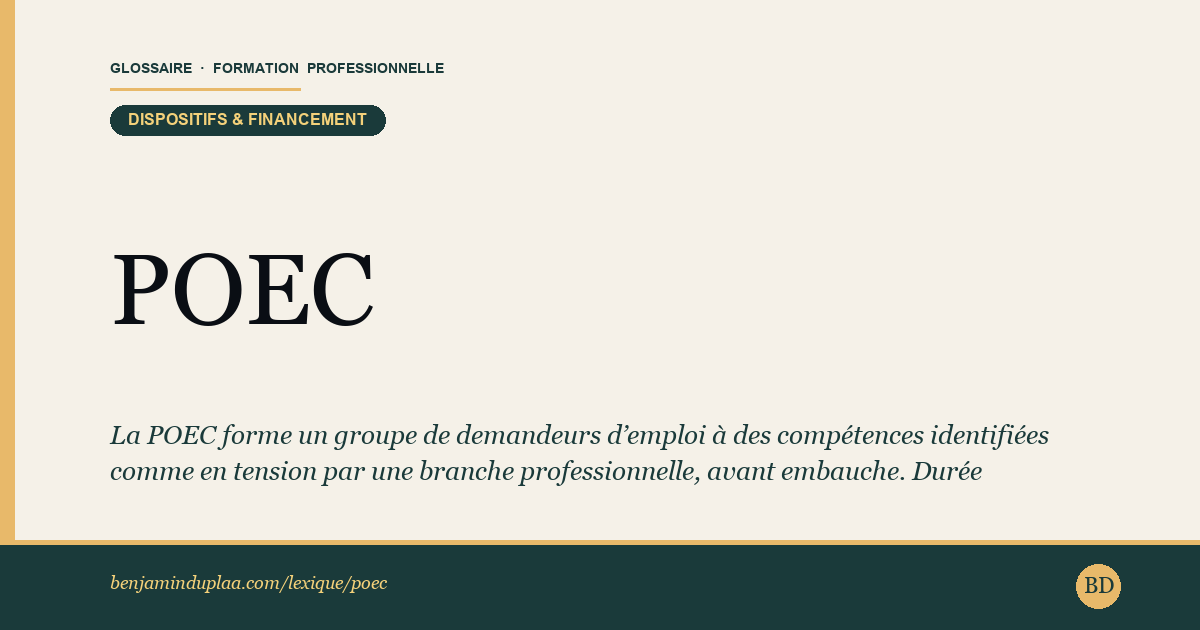 Carte du glossaire « POEC — Préparation Opérationnelle à l'Emploi Collective » : La POEC forme un groupe de demandeurs d’emploi à des compétences identifiées comme en tension par une branche professionnelle, avant embauche. Durée maximale : 400 heures, portées à 434 heures à titre dérogatoire pour certaines formations du transport routier. Elle est achetée par un OPCO et débouche sur un CDI, un CDD d’au moins douze mois, un contrat de professionnalisation d’au moins douze mois ou un contrat d’apprentissage.