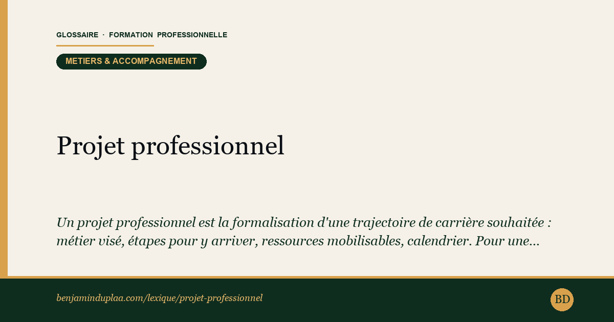 Carte du glossaire « Projet professionnel » : Un projet professionnel est la formalisation d'une trajectoire de carrière souhaitée : métier visé, étapes pour y arriver, ressources mobilisables, calendrier. Pour une reconversion adulte, un projet bien formulé est la condition n°1 pour obtenir un financement et entrer en formation.