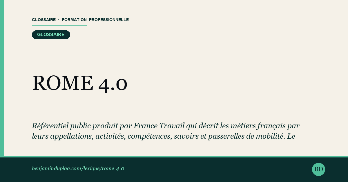 Carte du glossaire « ROME 4.0 — Répertoire opérationnel des métiers et des emplois » : Référentiel public produit par France Travail qui décrit les métiers français par leurs appellations, activités, compétences, savoirs et passerelles de mobilité. Le ROME 4.0, réorganisé autour des compétences, sert de langage commun à l'orientation, au recrutement et à la reconversion.