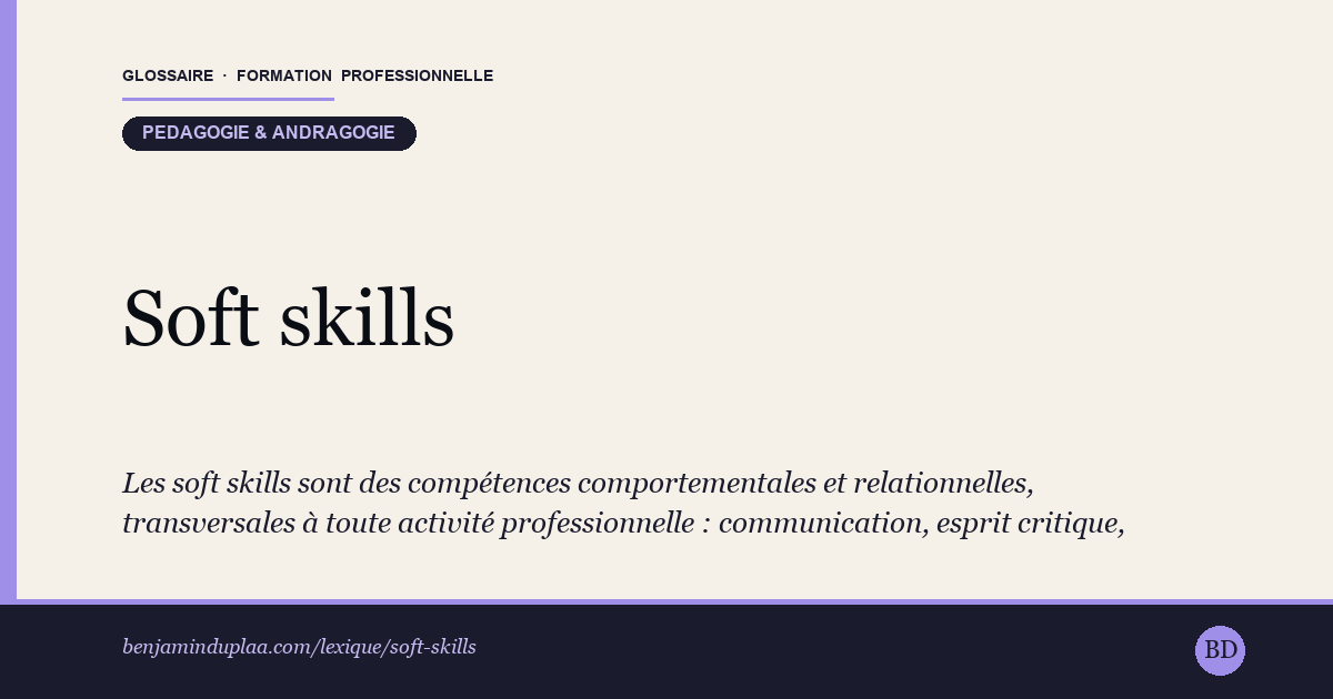 Soft skills — compétences comportementales — Définition illustrée du glossaire de la formation professionnelle (catégorie Pédagogie & andragogie) par Benjamin Duplaa, directeur IFPA Poitiers
