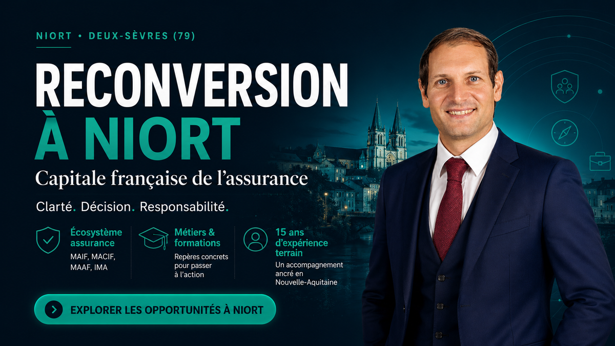 Reconversion professionnelle à Niort, capitale française de l'assurance (Deux-Sèvres 79) — bassin MAIF MACIF MAAF IMA, accompagnement Benjamin Duplaa 2026